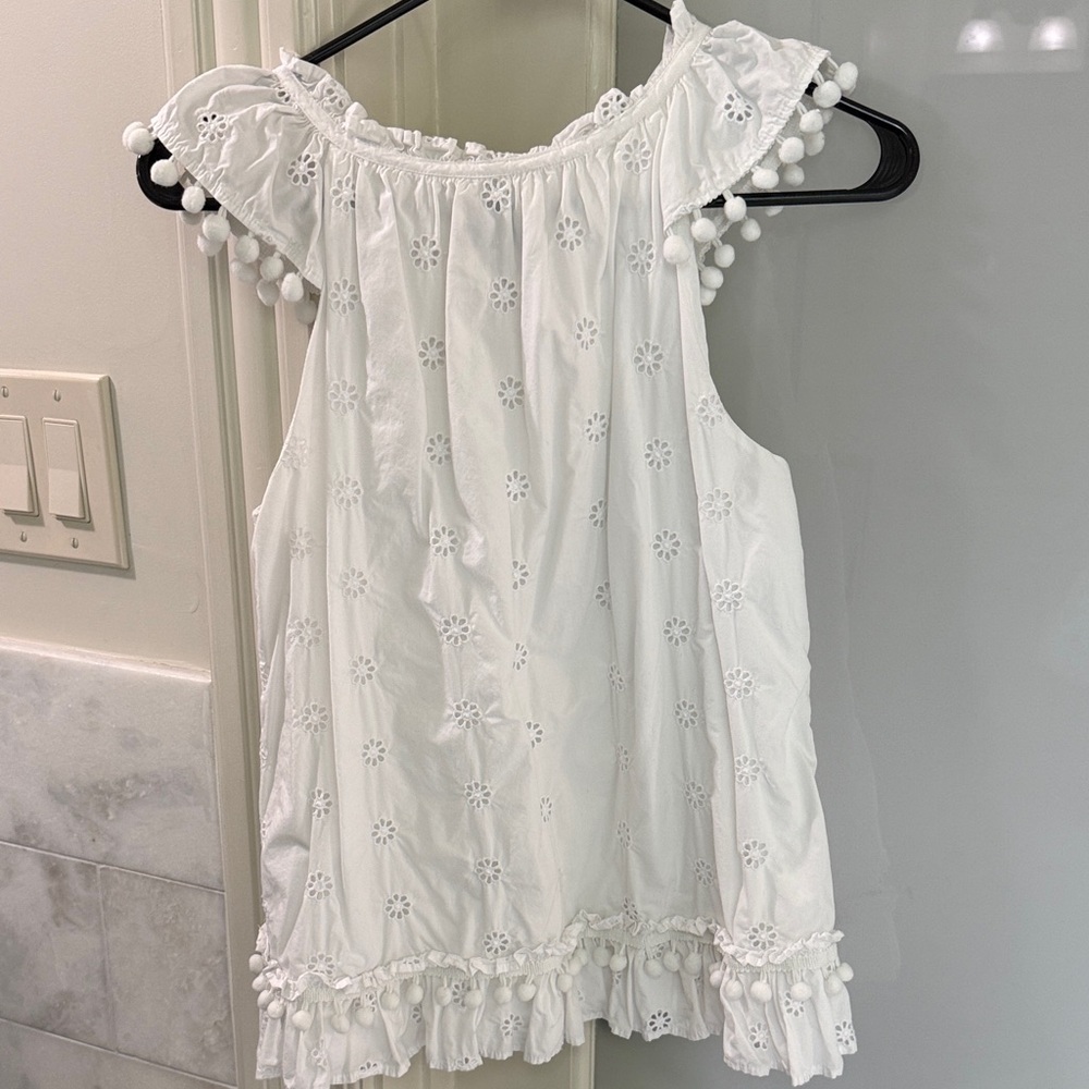 J Crew White Eyelet Pom-Pom Ruffle Sleeveless Top - Picture 5 of 5